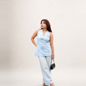 Powder Blue Embroidered Halter Kurti