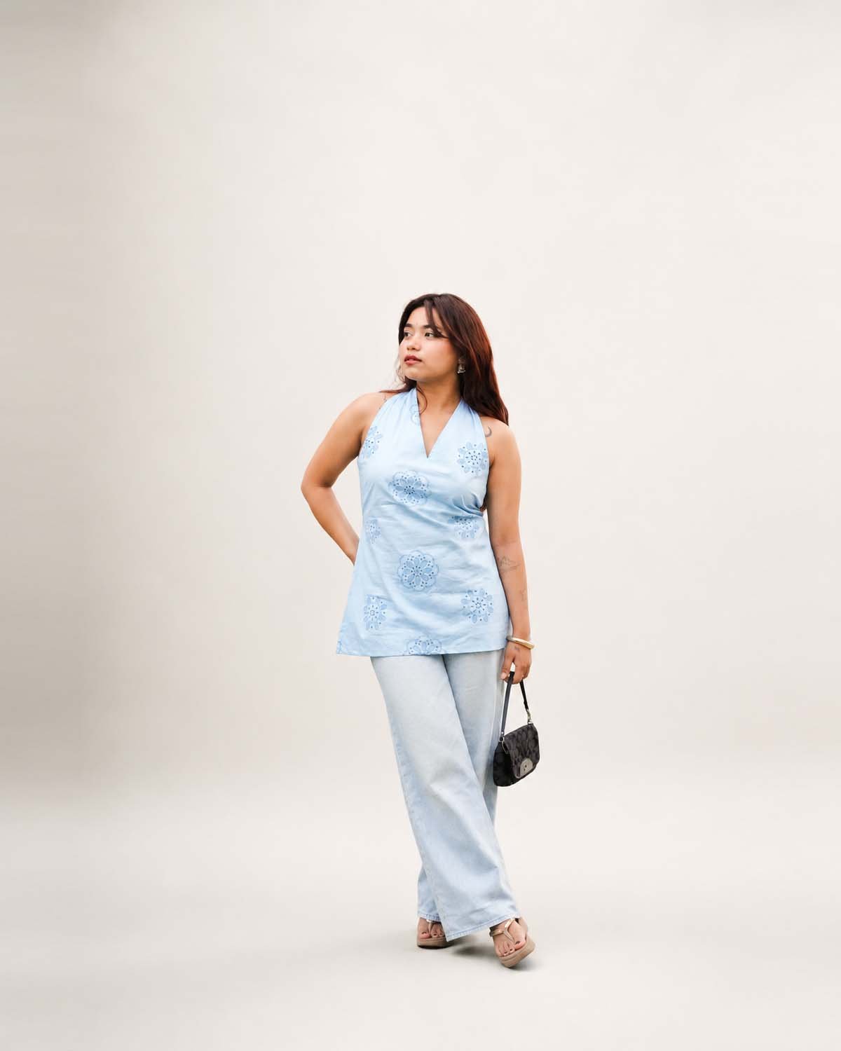 Powder Blue Embroidered Halter Kurti