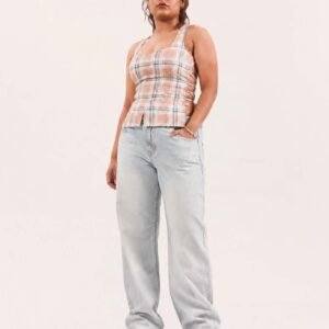 Blush Beige Plaid Lace-Up Corset Top