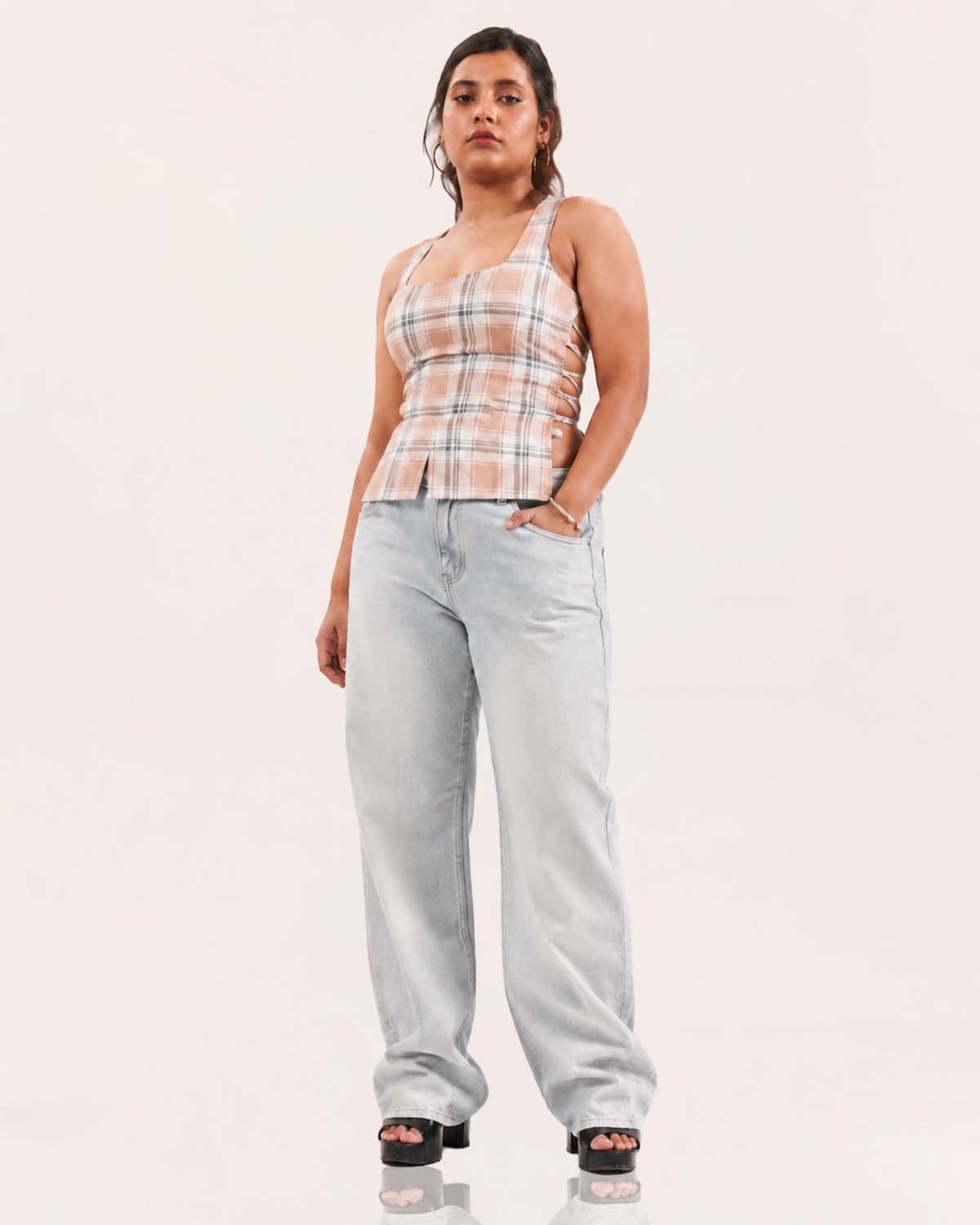 Blush Beige Plaid Lace-Up Corset Top