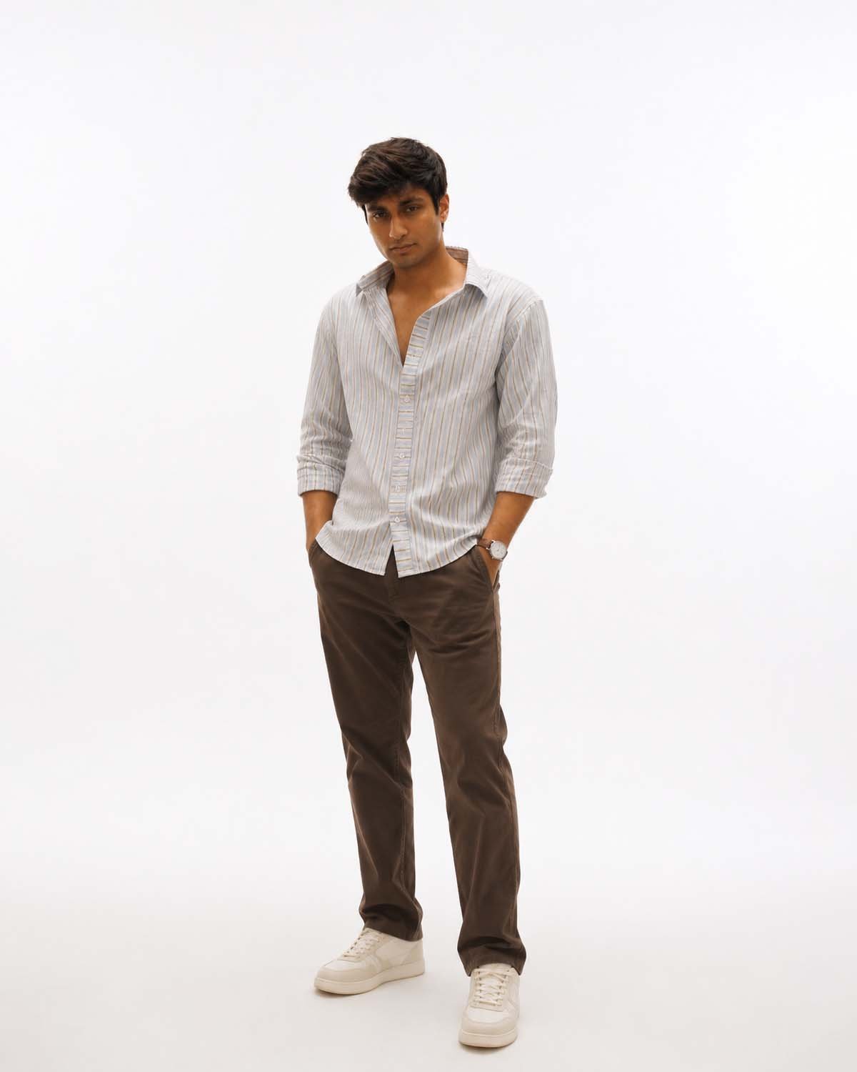 Ivory Beige Striped Casual Shirt