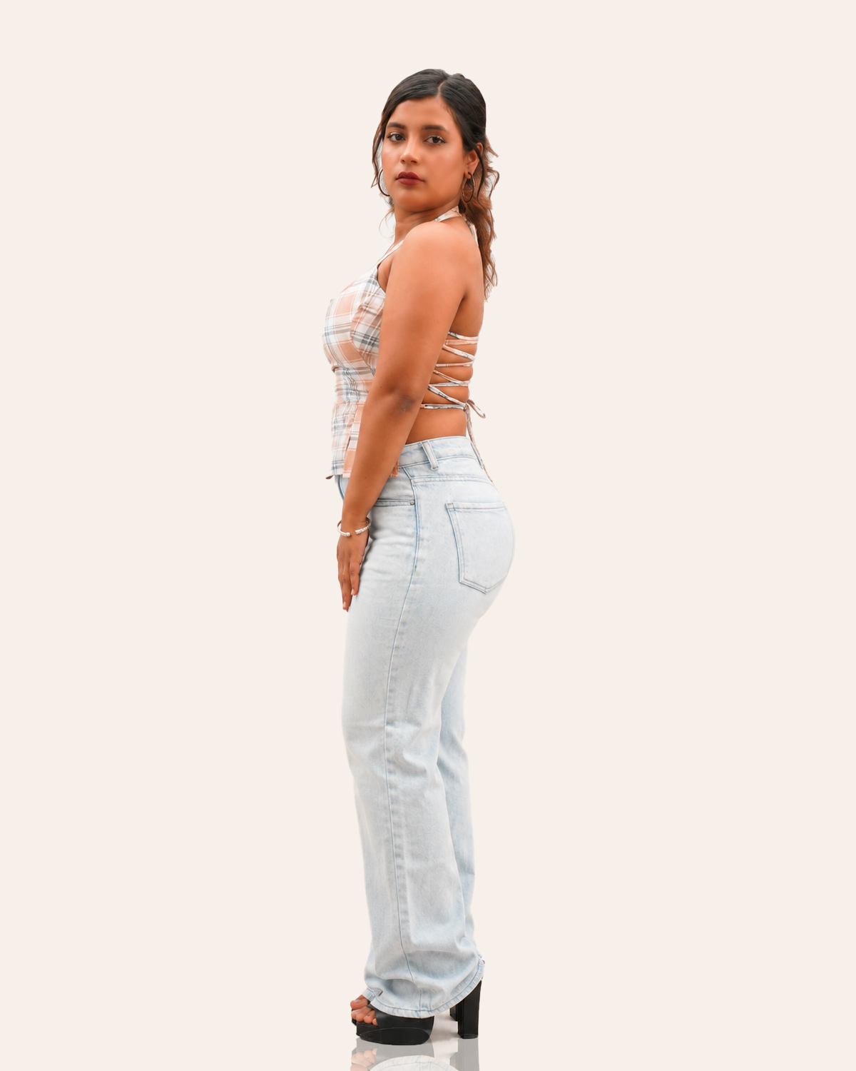 Blush Beige Plaid Lace-Up Corset Top - Image 2