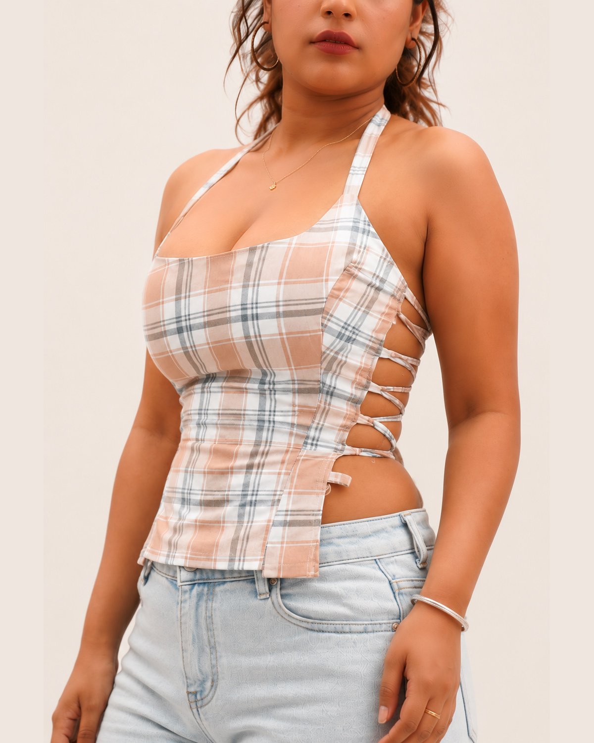 Blush Beige Plaid Lace-Up Corset Top - Image 4