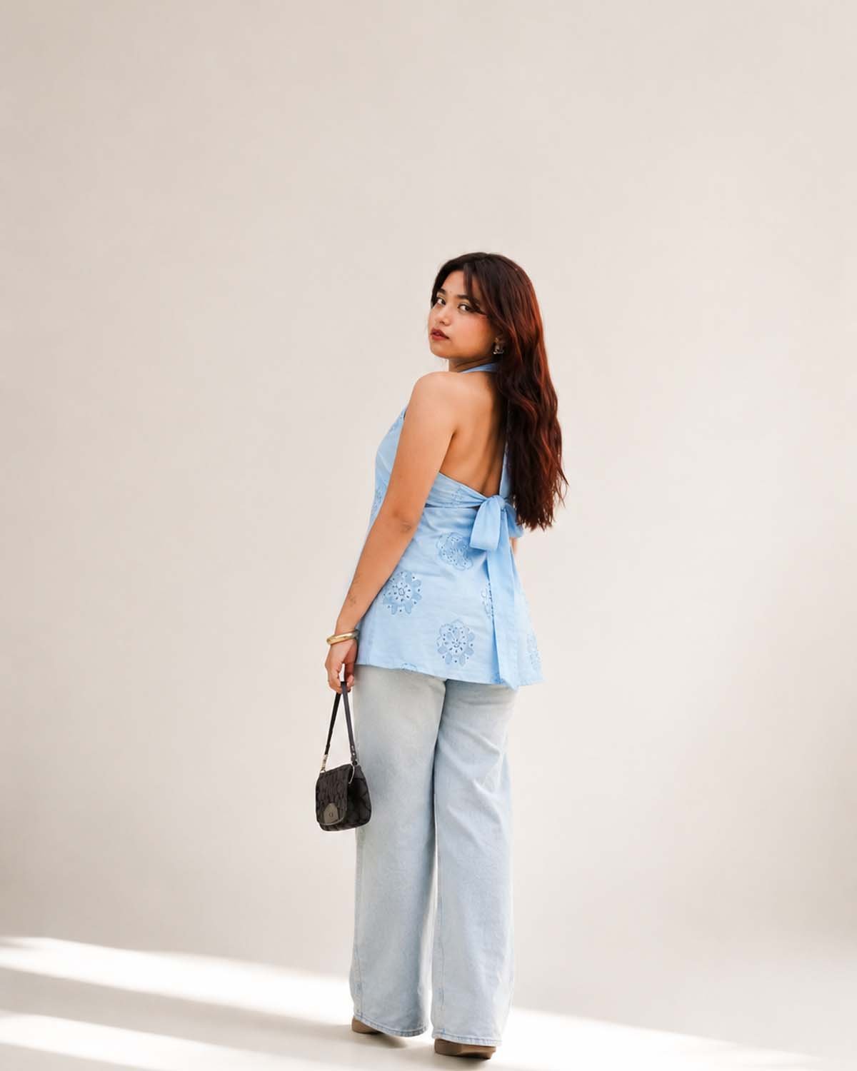 Powder Blue Embroidered Halter Kurti - Image 2