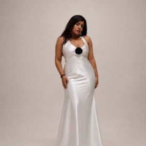 Ivory Satin Rose Halter Gown