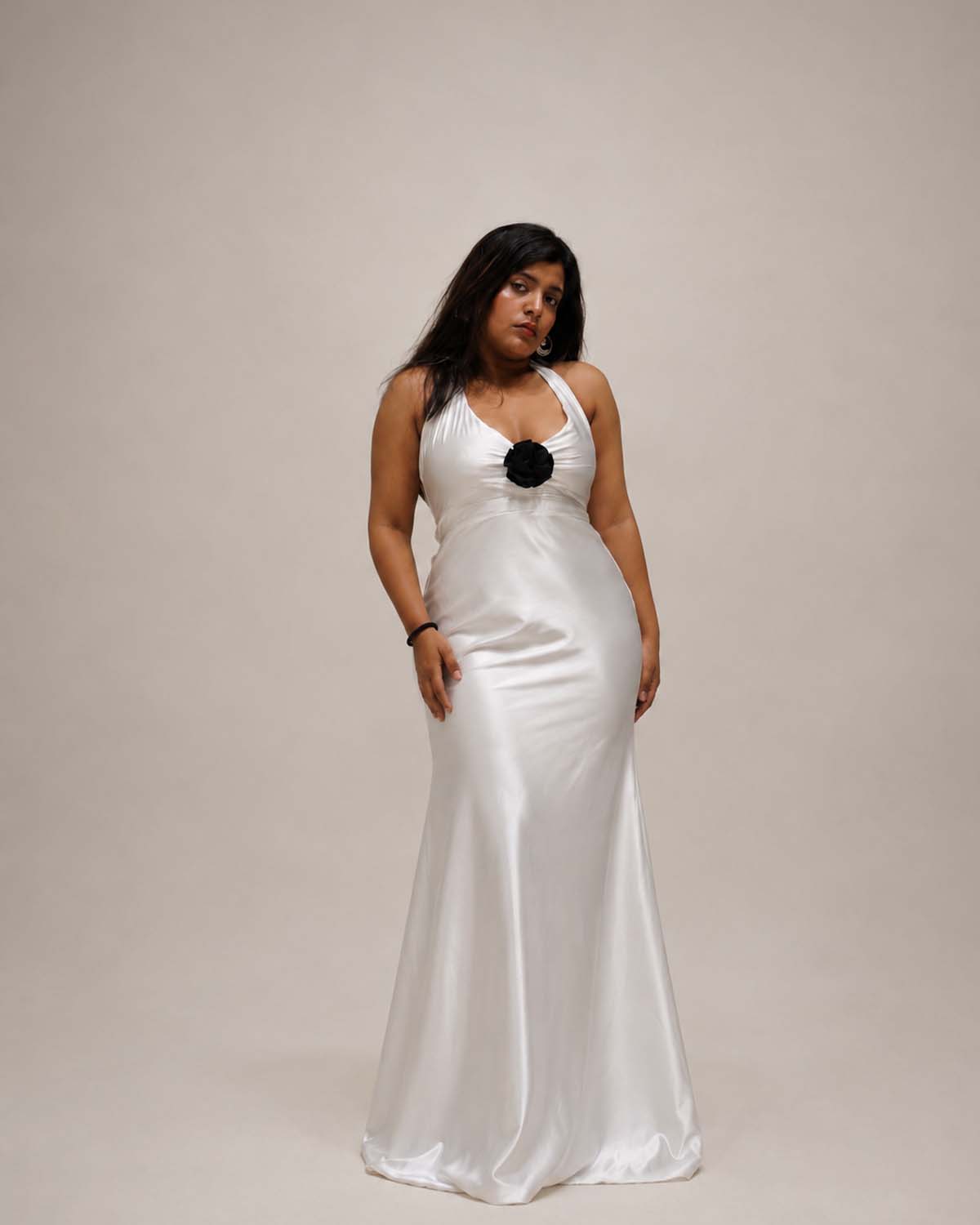 Ivory Satin Rose Halter Gown