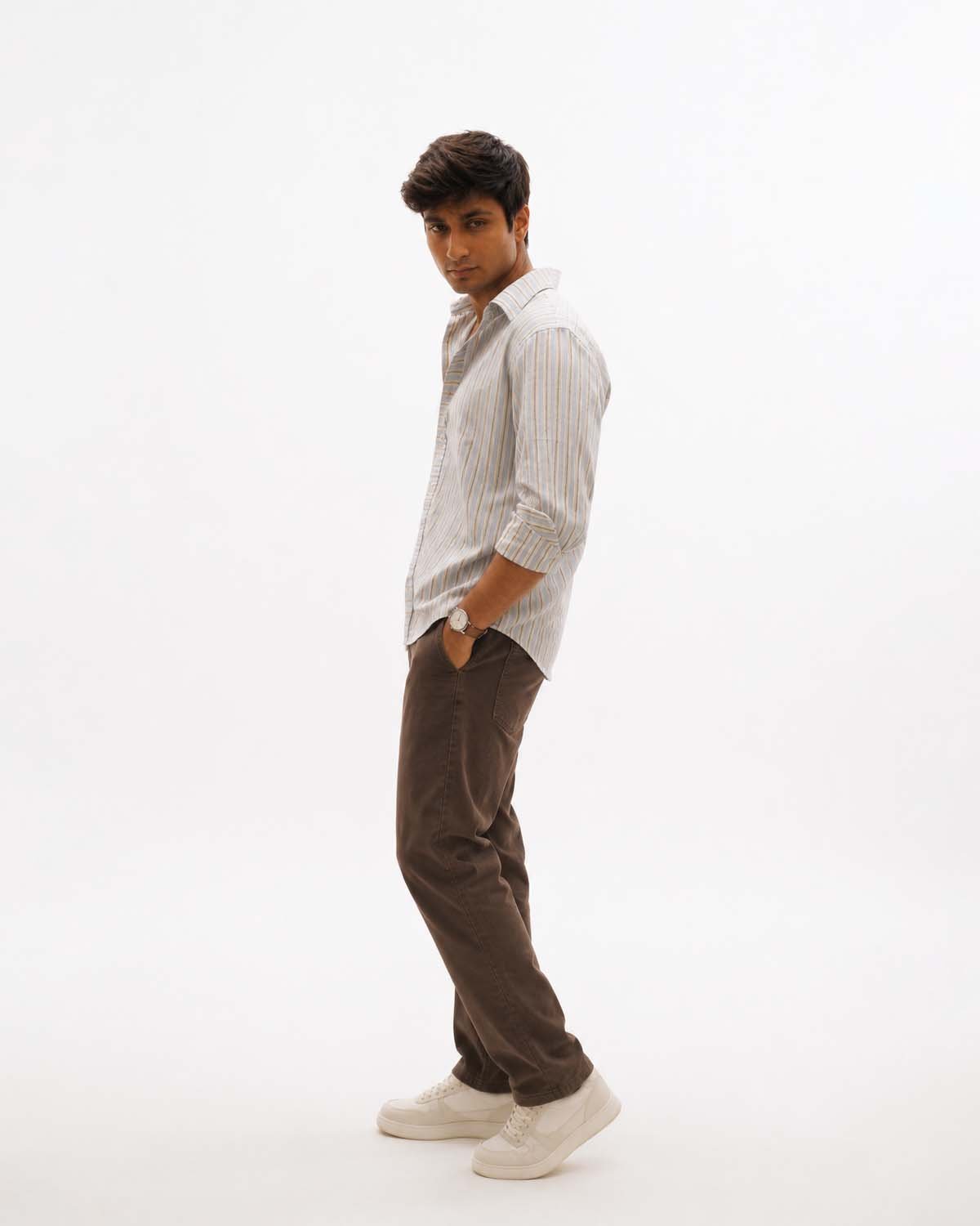 Ivory Beige Striped Casual Shirt - Image 2
