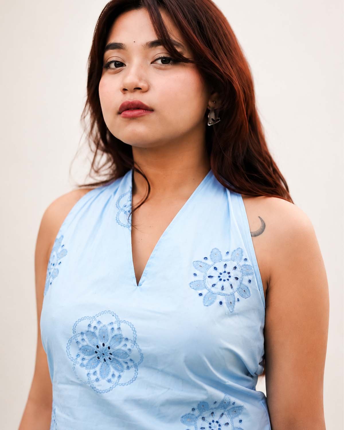 Powder Blue Embroidered Halter Kurti - Image 3