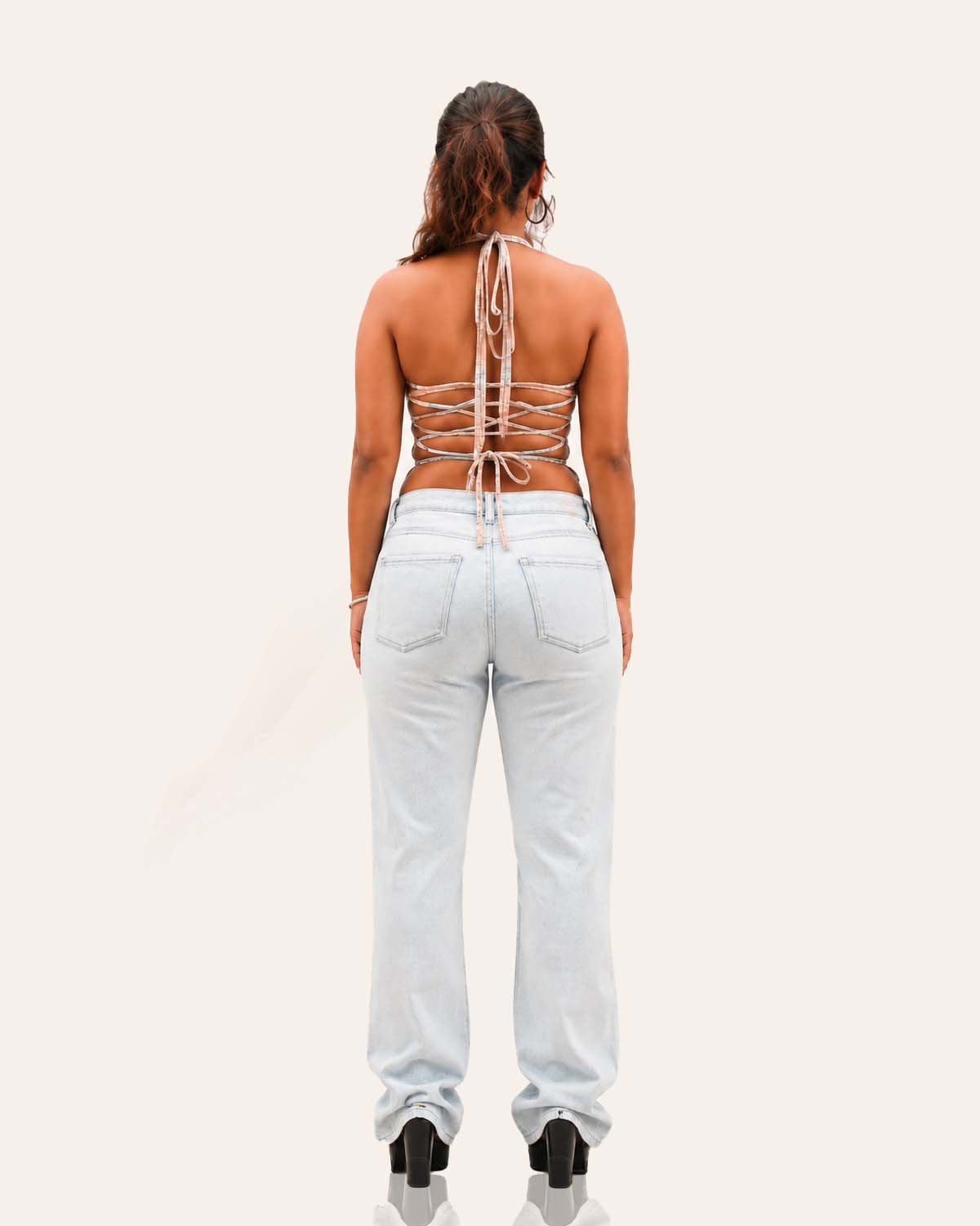Blush Beige Plaid Lace-Up Corset Top - Image 3