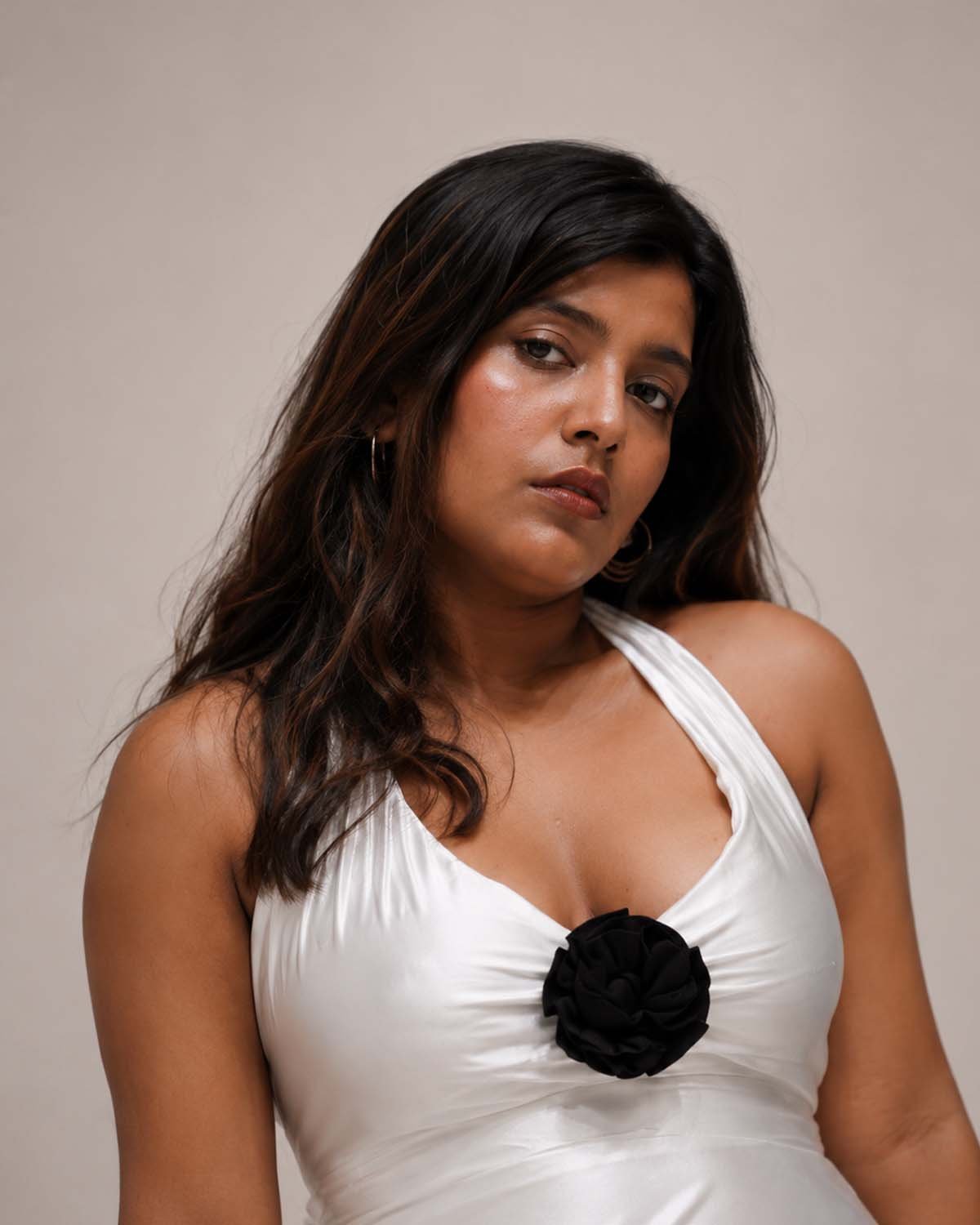 Ivory Satin Rose Halter Gown - Image 5