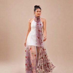 Ivory Bloom Embroidered Halter Dress