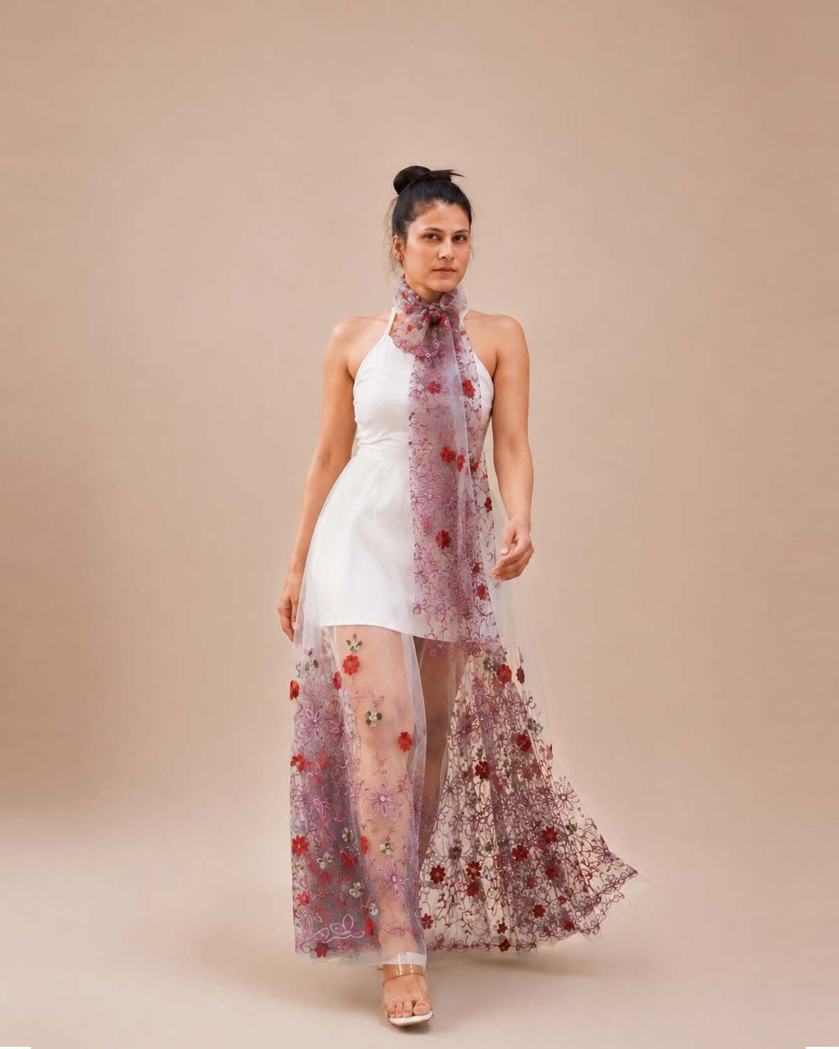 Ivory Bloom Embroidered Halter Dress