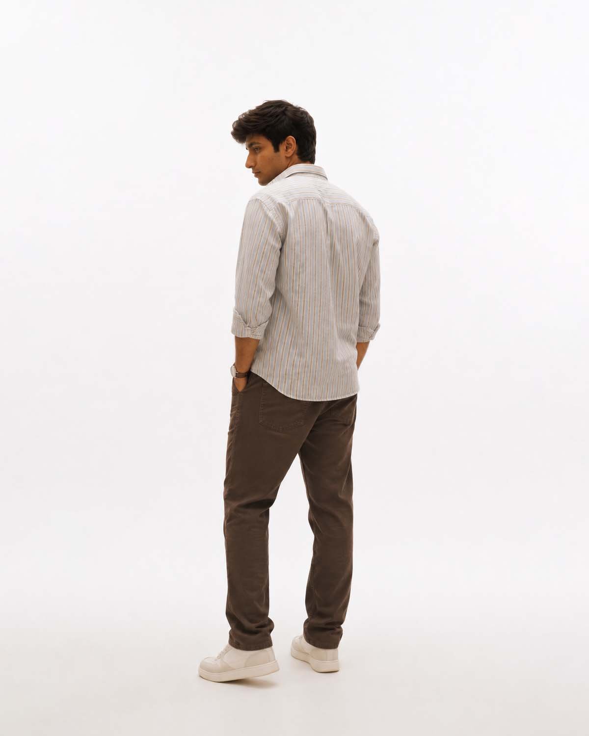 Ivory Beige Striped Casual Shirt - Image 3