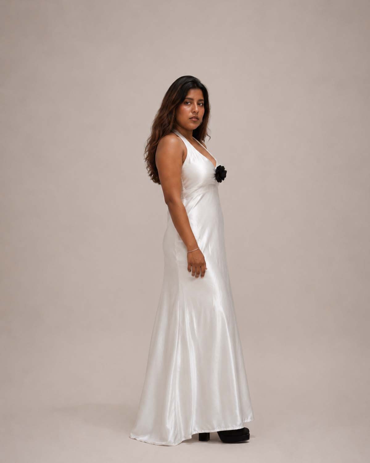 Ivory Satin Rose Halter Gown - Image 3