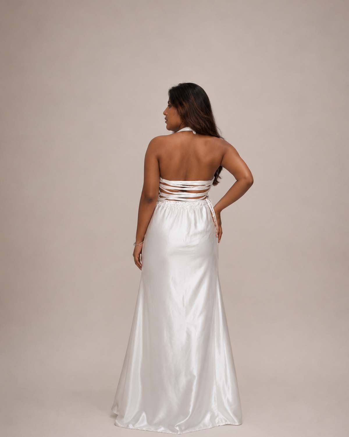 Ivory Satin Rose Halter Gown - Image 4