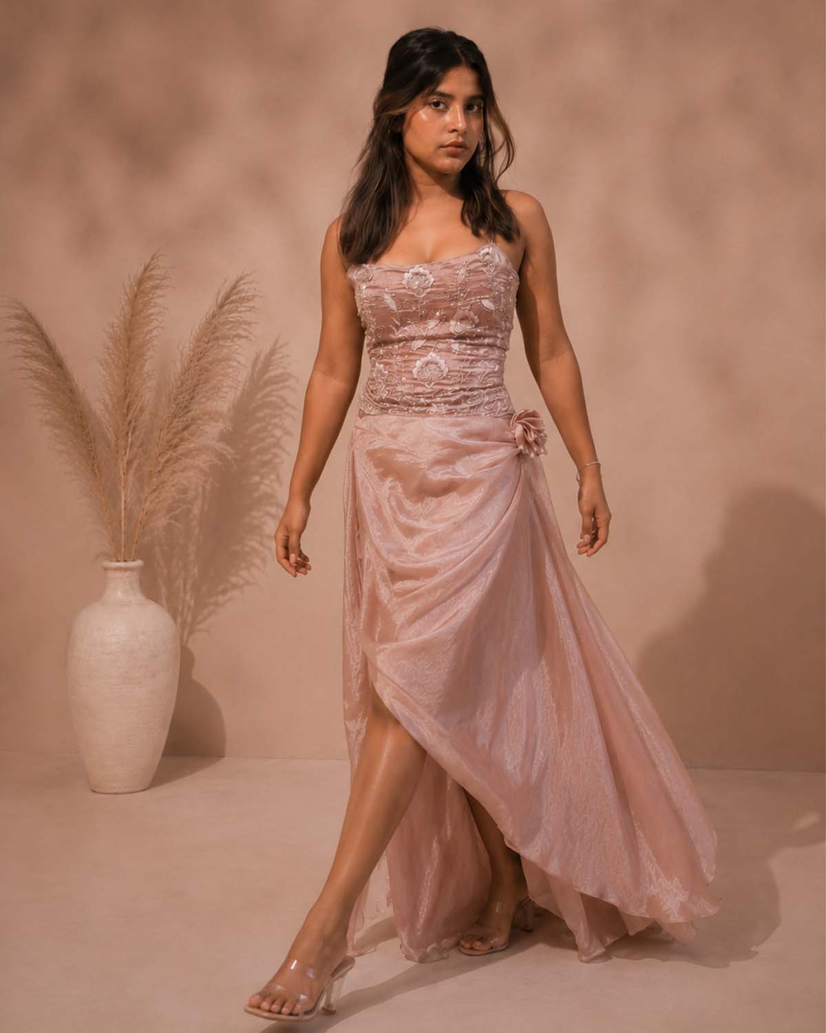 Rose Draped Satin Couture Gown - Image 5