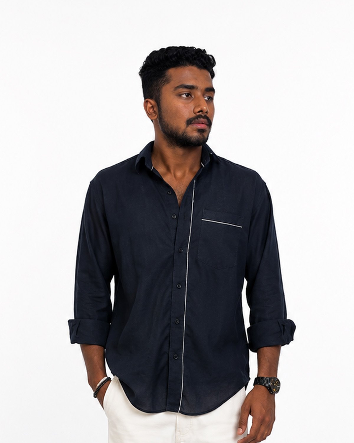 Midnight Navy Contrast Casual Shirt for Men - Image 3