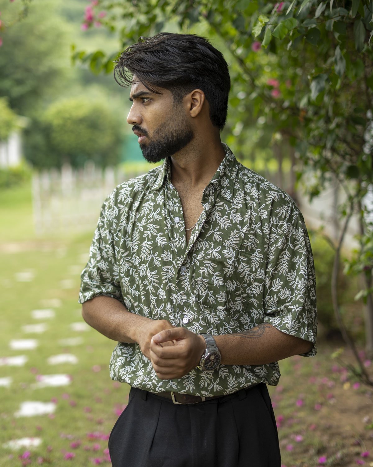 Olive Green Cotton Slub Printed hirt for Men - Image 2