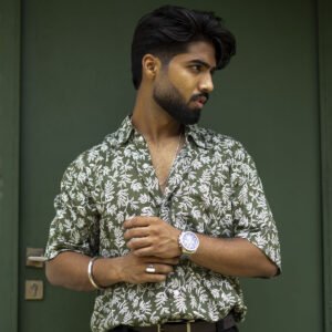 Olive Green Cotton Slub Printed hirt for Men