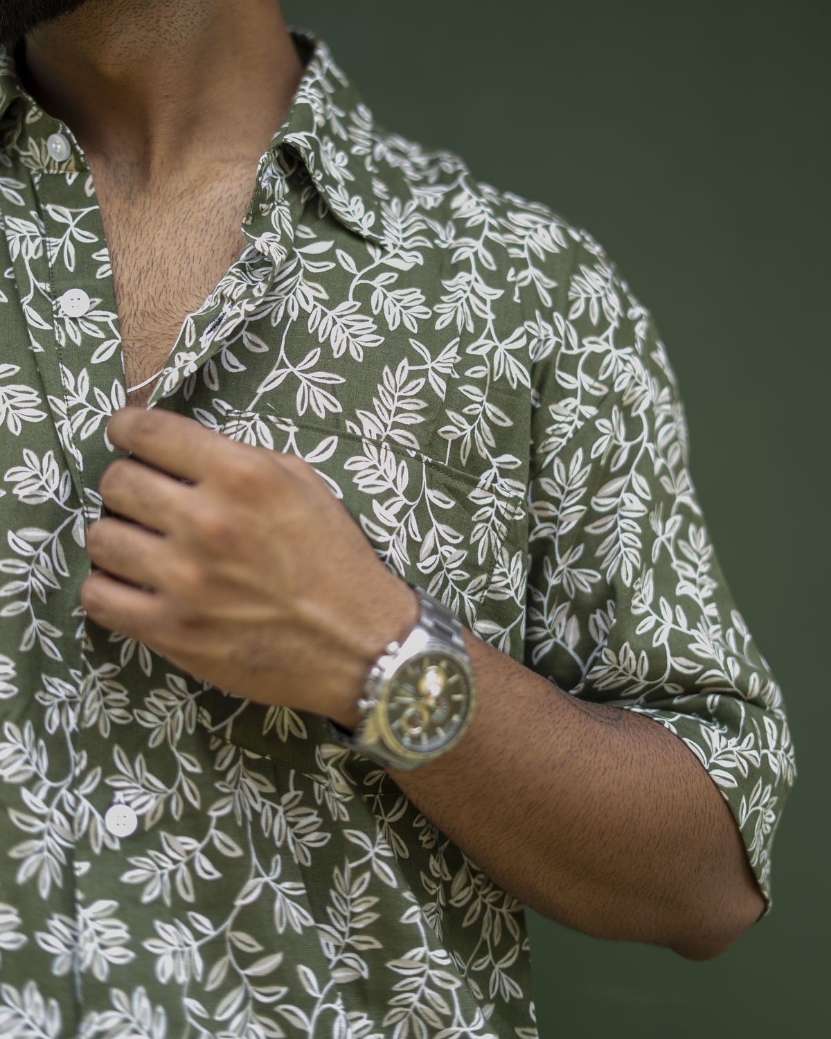 Olive Green Cotton Slub Printed hirt for Men - Image 4