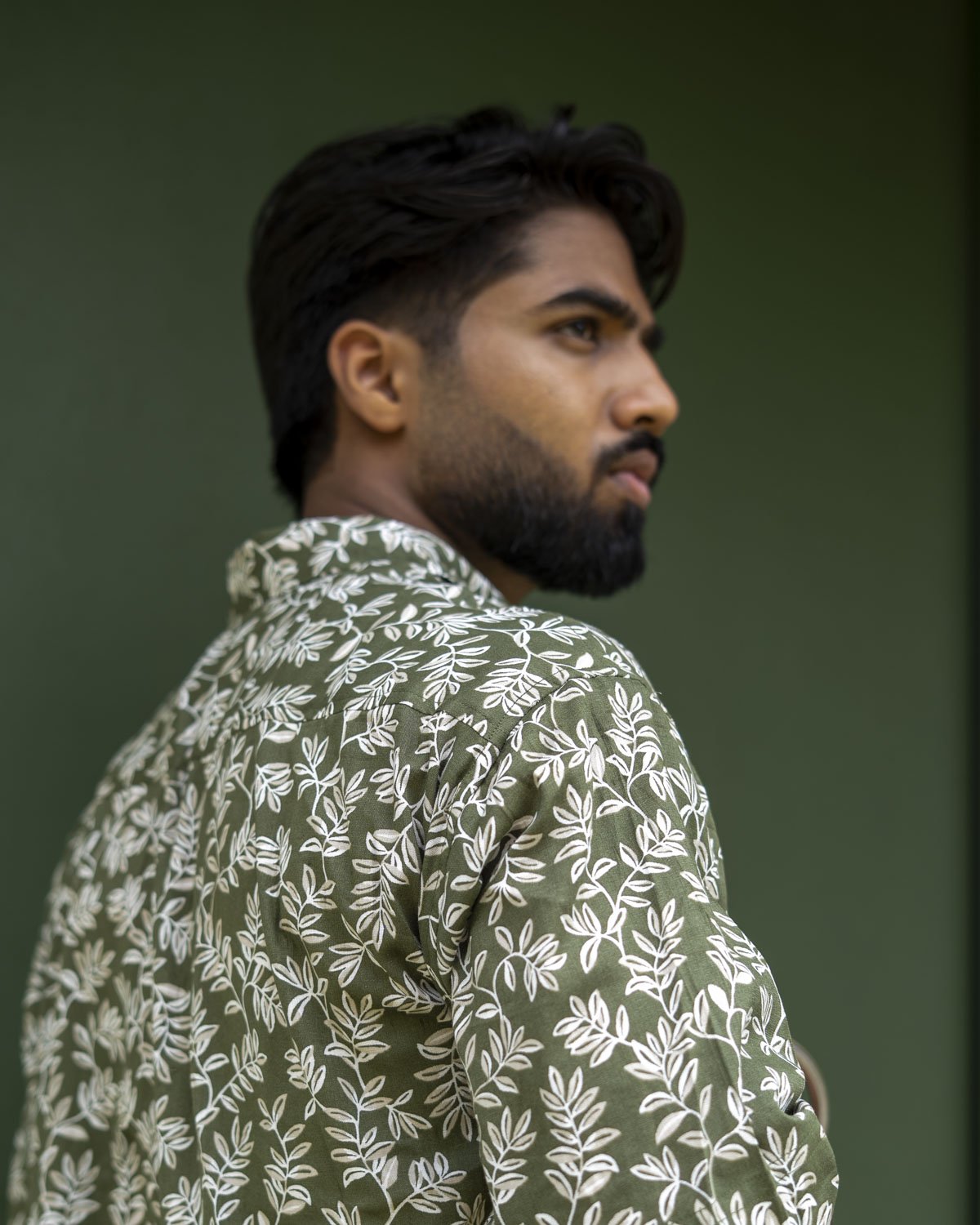 Olive Green Cotton Slub Printed hirt for Men - Image 3