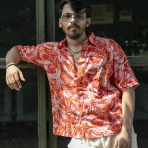 Red & Orange Cotton Printed Shirt for Men