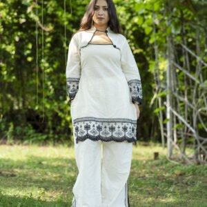 White Cambric Cotton Embroidered Kurta Pant Set for Women