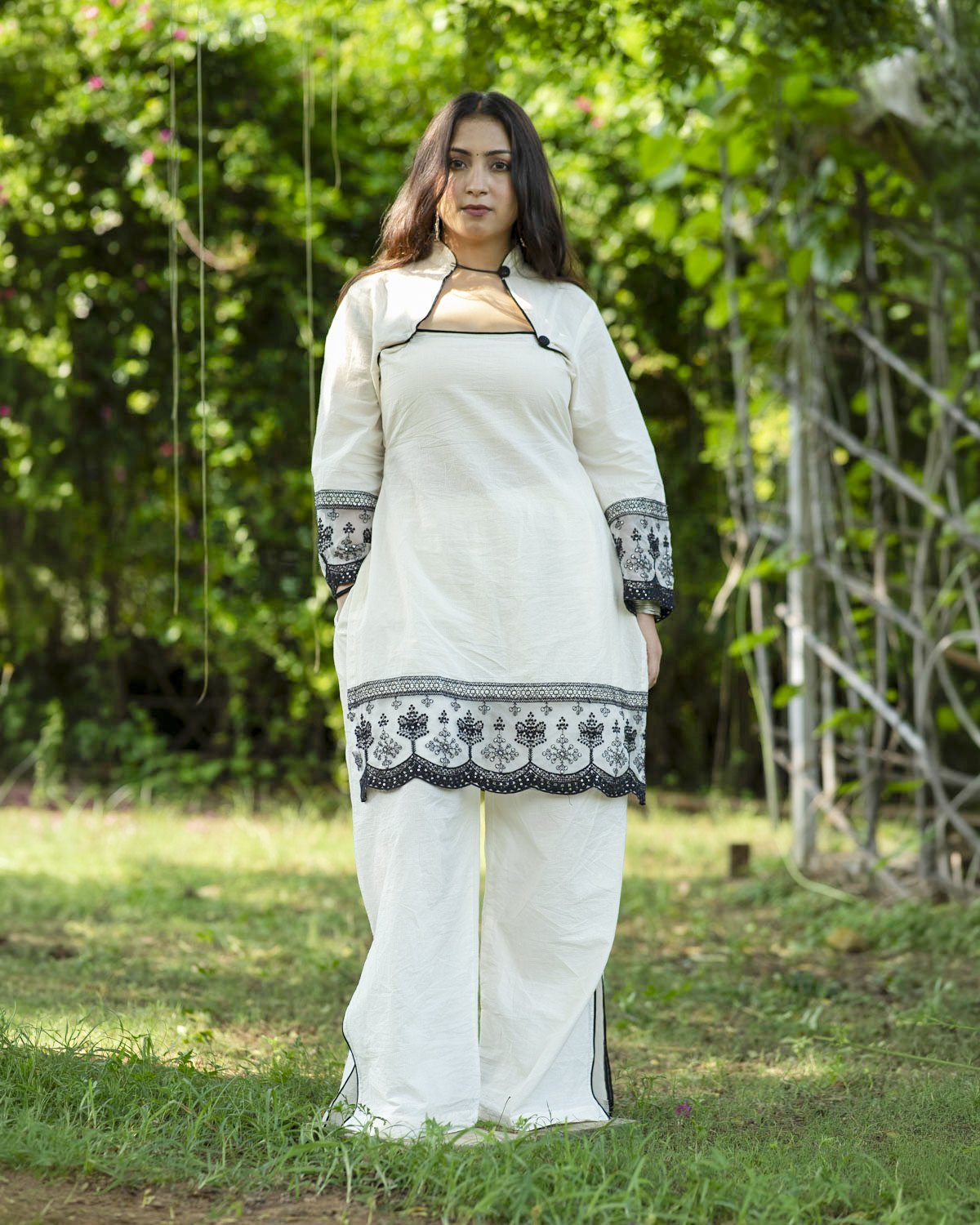 White Cambric Cotton Embroidered Kurta Pant Set for Women