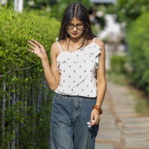 White Cotton Lightweight Printed Top for Women